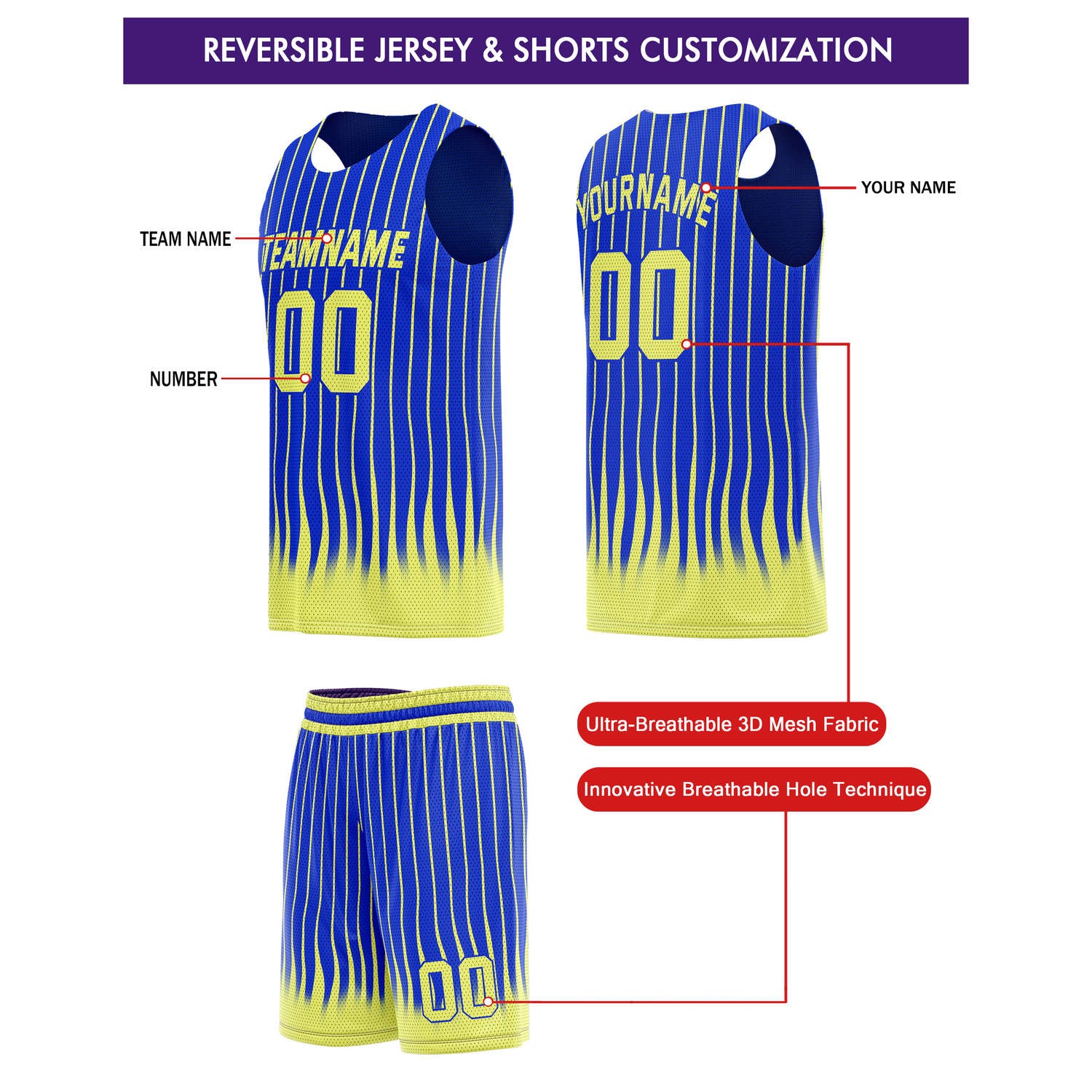 Custom Reversible Basketball Jersey + Shorts Set (Navy Blue & Yellow Stripe) - Personalized Team Name, Number & LOGO | Vosoli