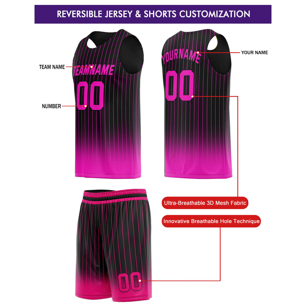 Custom Reversible Basketball Jersey + Shorts Set (Black & Pink Stripe) - Personalized Team Name, Number & LOGO | Vosoli