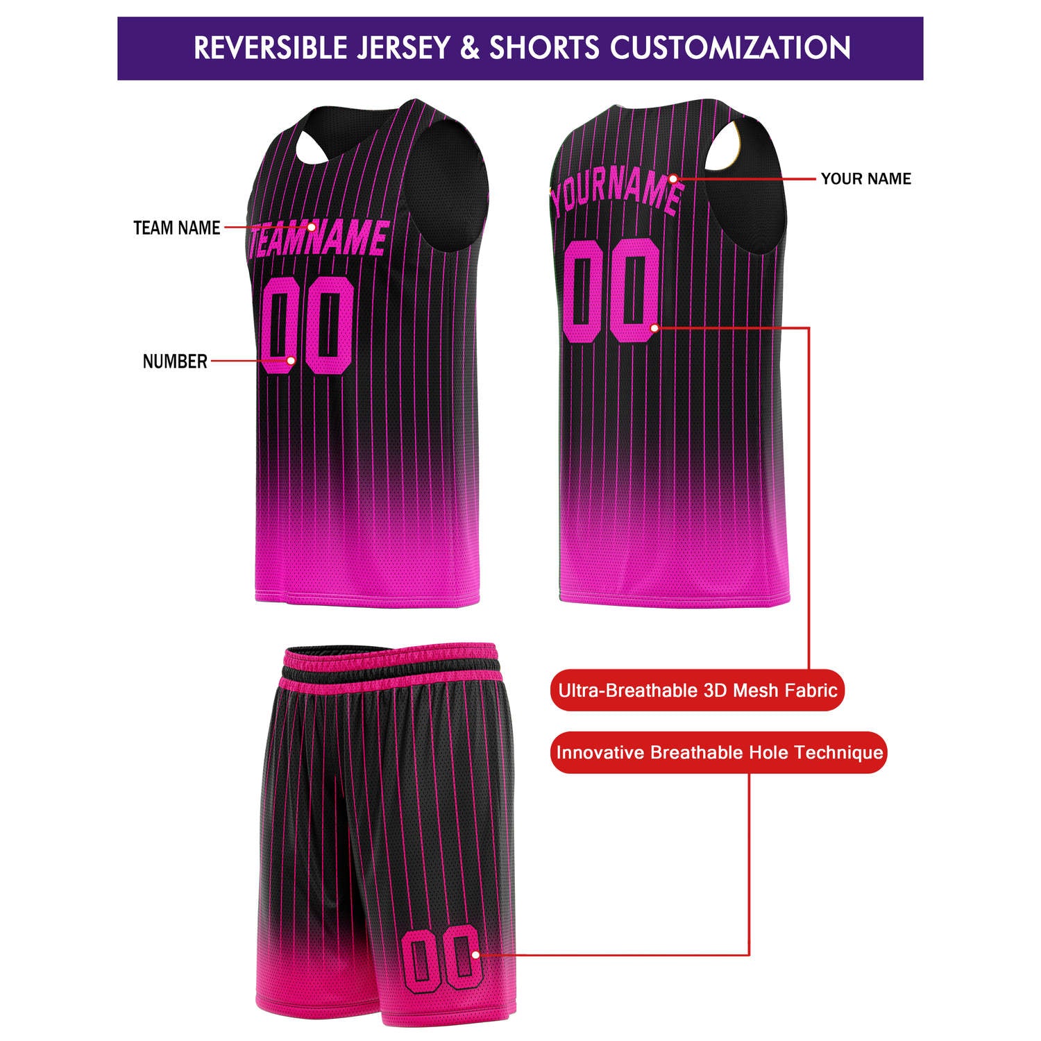 Custom Reversible Basketball Jersey + Shorts Set (Black & Pink Stripe) - Personalized Team Name, Number & LOGO | Vosoli