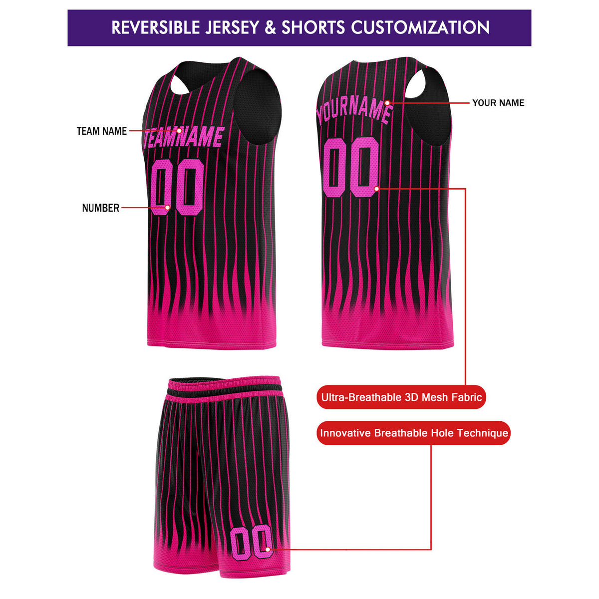 Custom Reversible Basketball Jersey + Shorts Set (Black & Pink Stripe) - Personalized Team Name, Number & LOGO | Vosoli