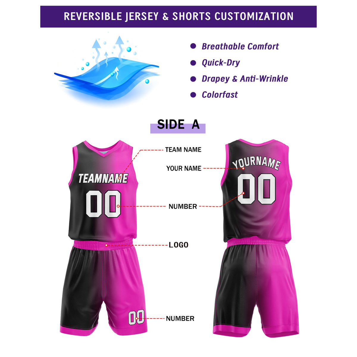 Custom Reversible Black Pink White Basketball Uniform Set | Team & Player Name - Vosoli