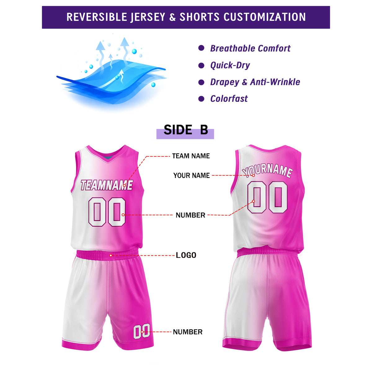 Custom Reversible Black Pink White Basketball Uniform Set | Team & Player Name - Vosoli