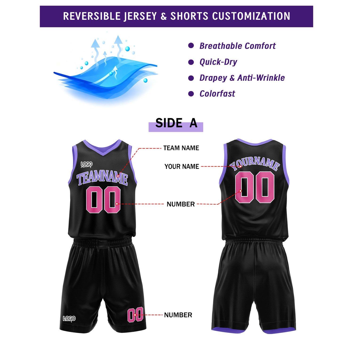 Custom Reversible Black Purple Basketball Uniform Set | Team Name & Number - Vosoli