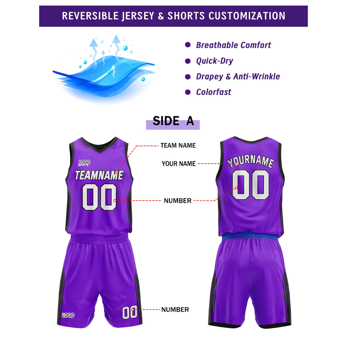 Custom Black Purple Basketball Uniforms for Youth & Adults - Reversible Jersey Set - Vosoli