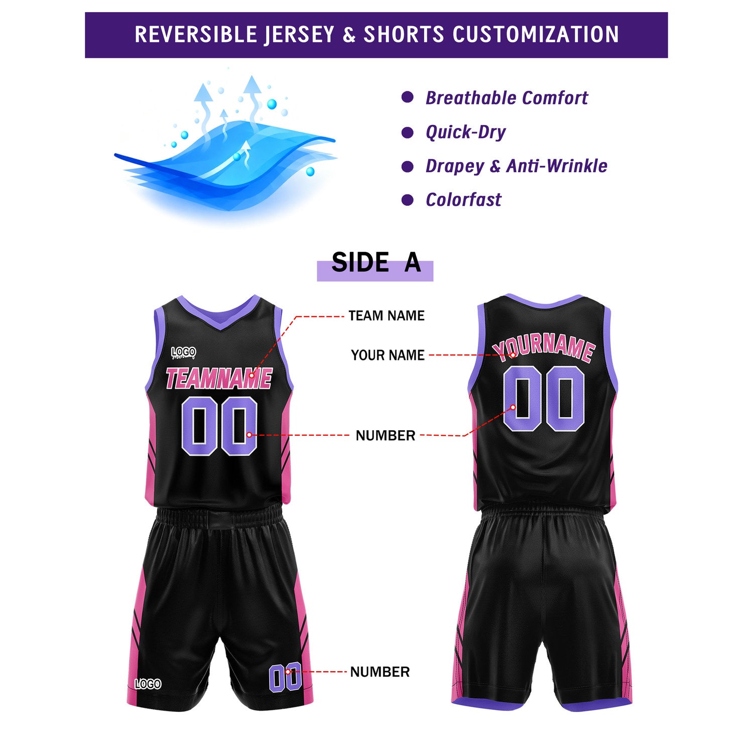 Custom Reversible Pink Blue Basketball Jersey and Shorts Set, Personalized Team Name Number Breathable Mesh Uniform for Men Women Youth