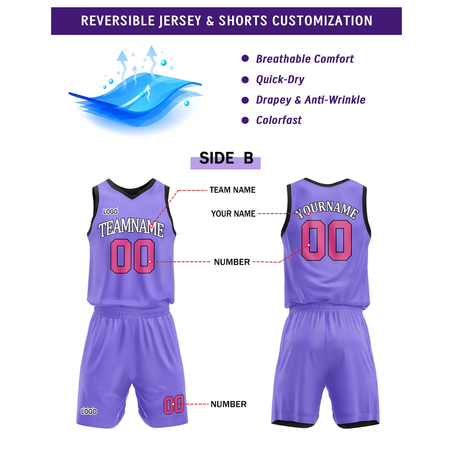 Custom Reversible Black Purple Basketball Uniform Set | Team Name & Number - Vosoli