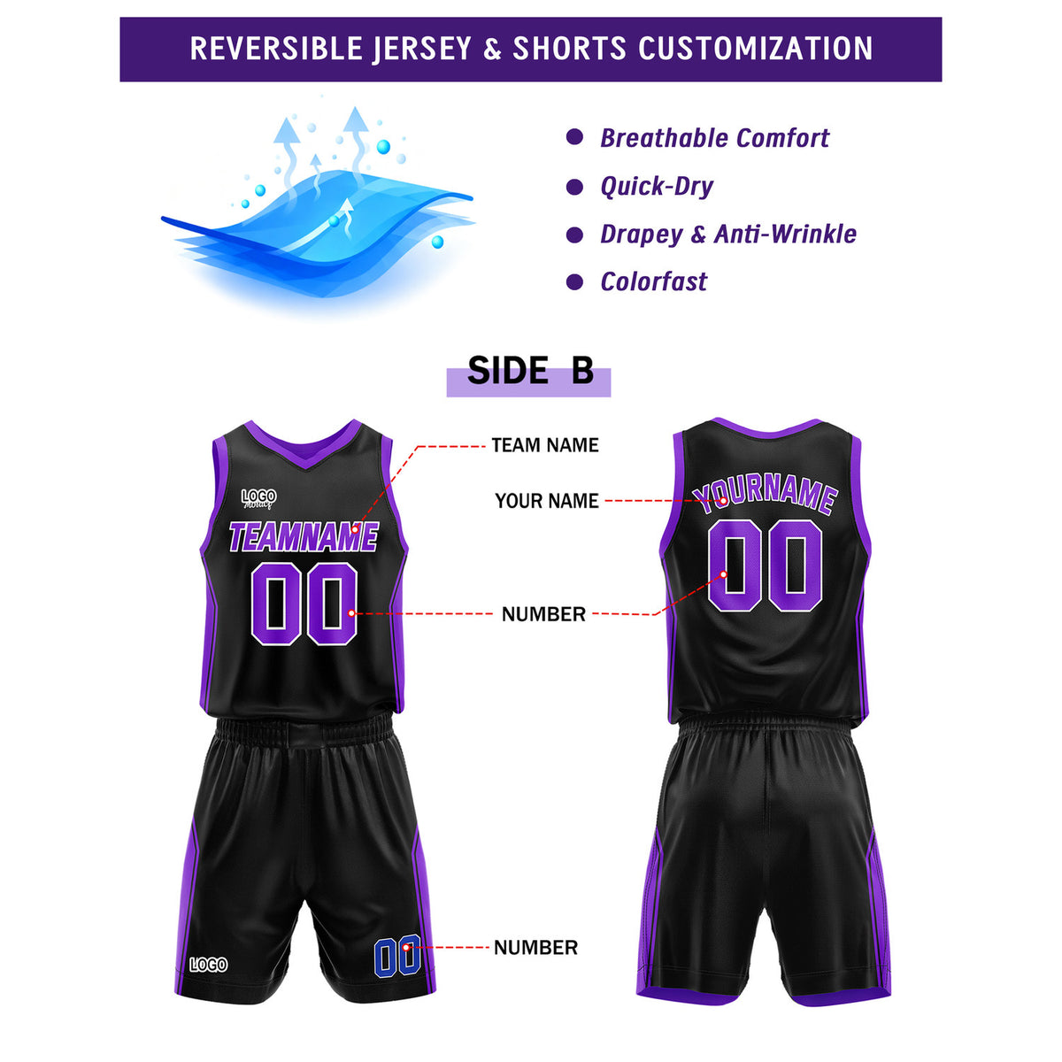 Custom Black Purple Basketball Uniforms for Youth & Adults - Reversible Jersey Set - Vosoli