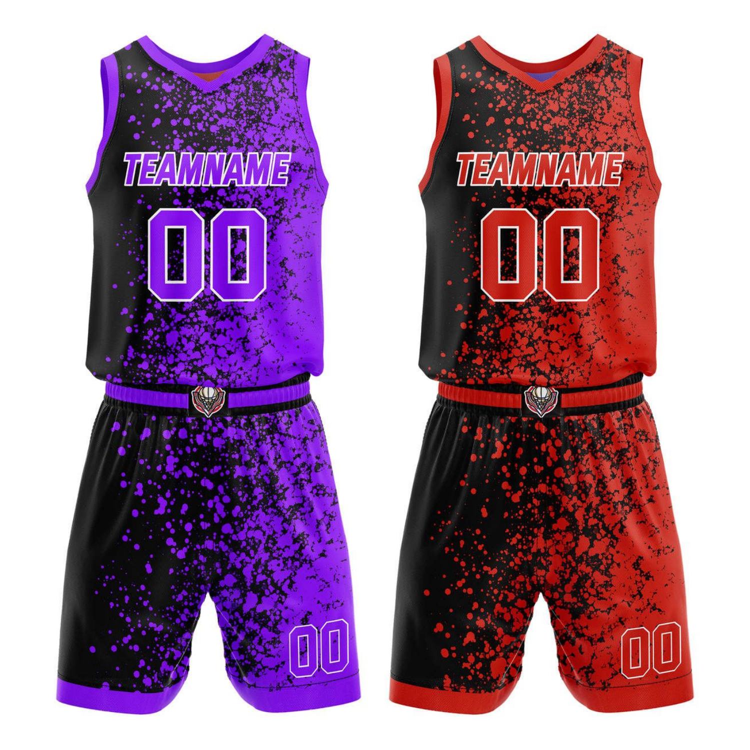 Custom Reversible Basketball Jersey + Shorts Set (Black-Purple & Black-Red Splatter Pattern) - Personalized Team Name, Number & LOGO | Vosoli