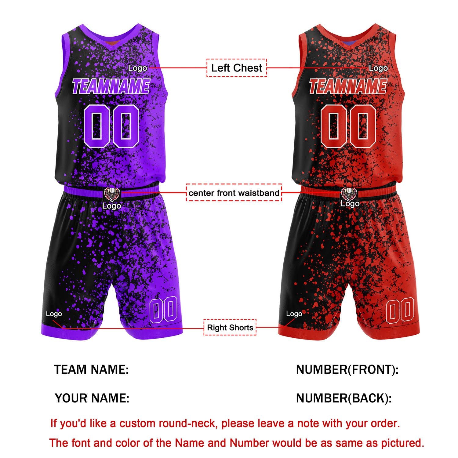 Custom Reversible Basketball Jersey + Shorts Set (Black-Purple & Black-Red Splatter Pattern) - Personalized Team Name, Number & LOGO | Vosoli