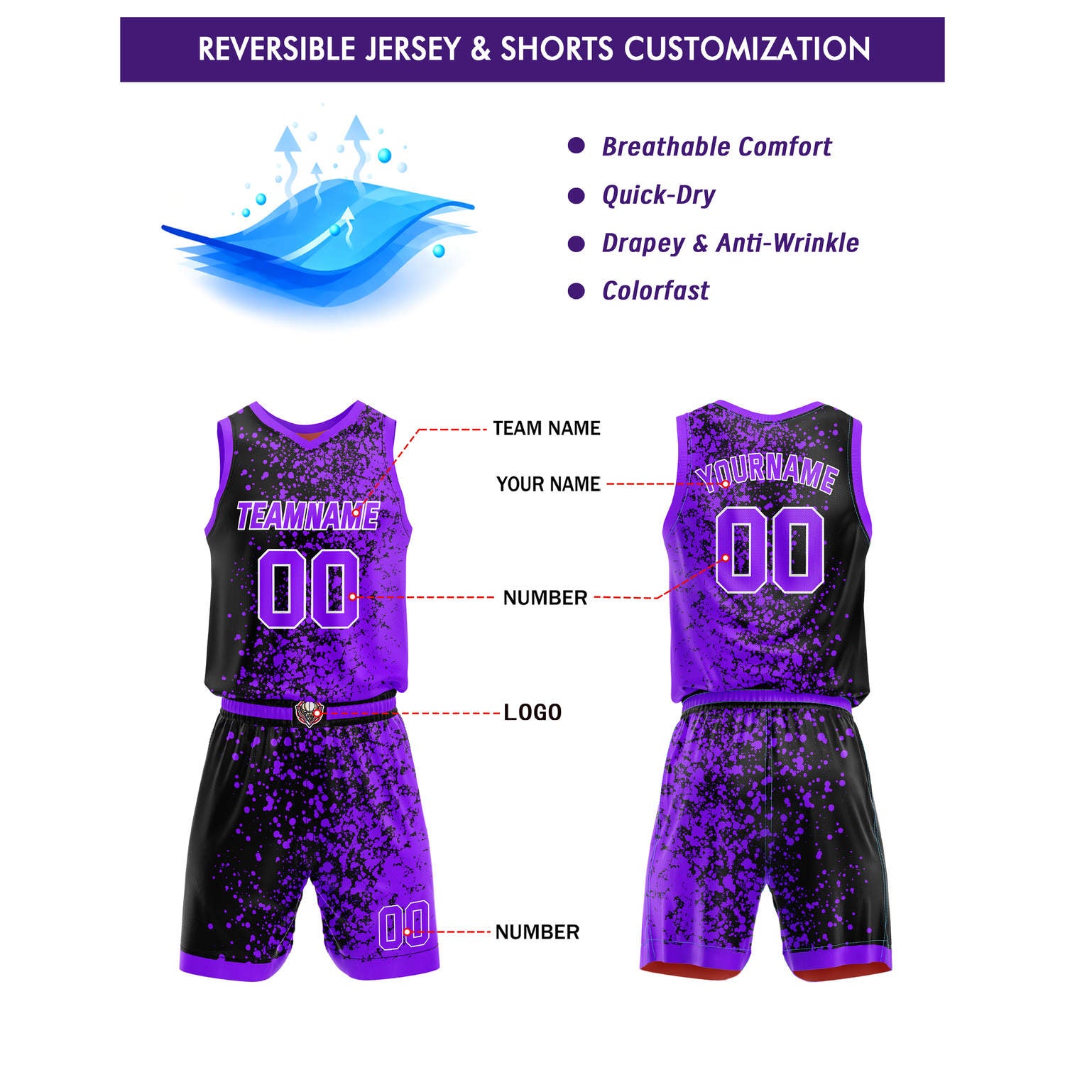 Custom Reversible Basketball Jersey + Shorts Set (Black-Purple & Black-Red Splatter Pattern) - Personalized Team Name, Number & LOGO | Vosoli