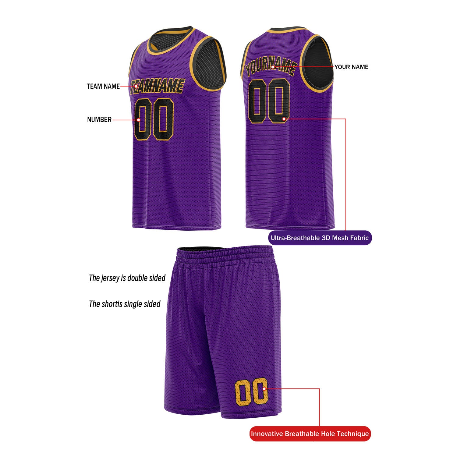 Custom Reversible Black & Purple Basketball Uniform (Jersey + Shorts) | Personalized Team Set | Vosoli