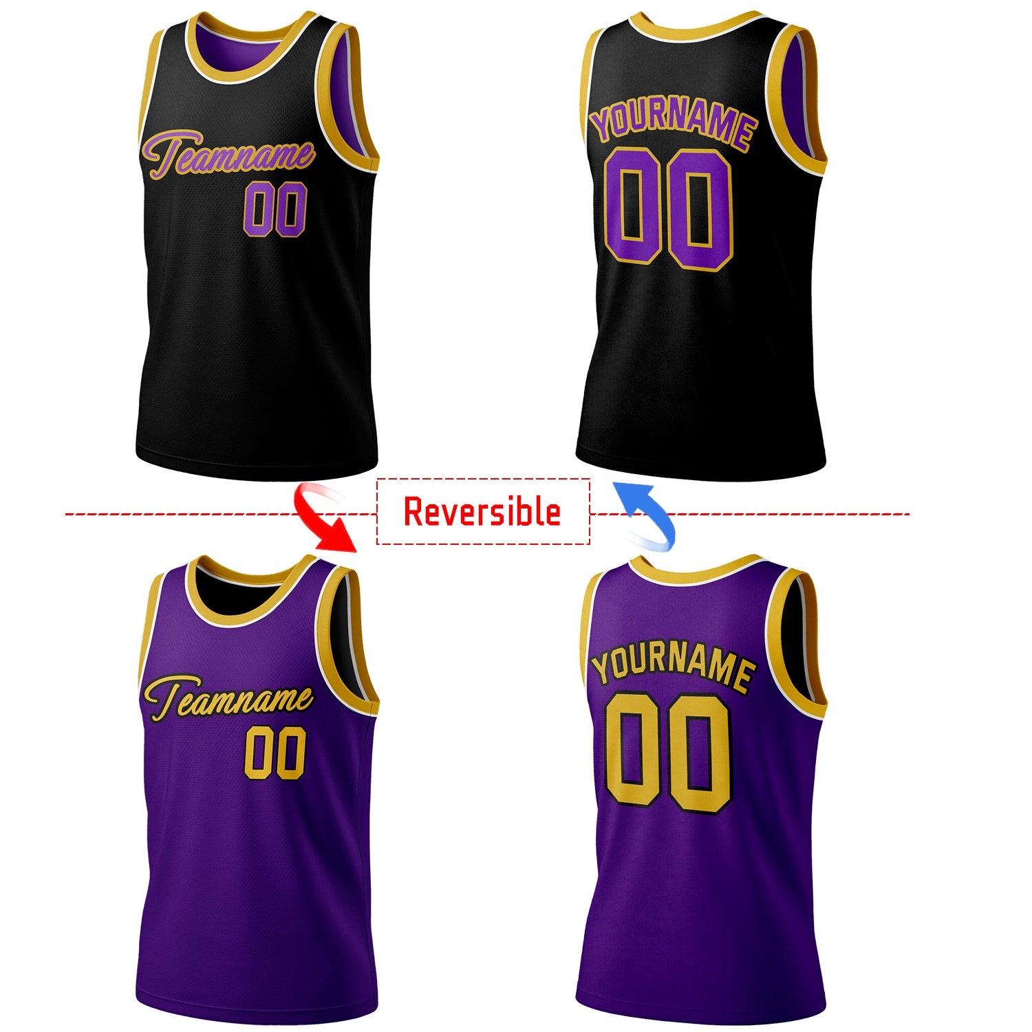Custom reversible black & purple basketball jersey, personalized script team name number Logo breathable sports top for men women youth Adult game practice - Vosoli