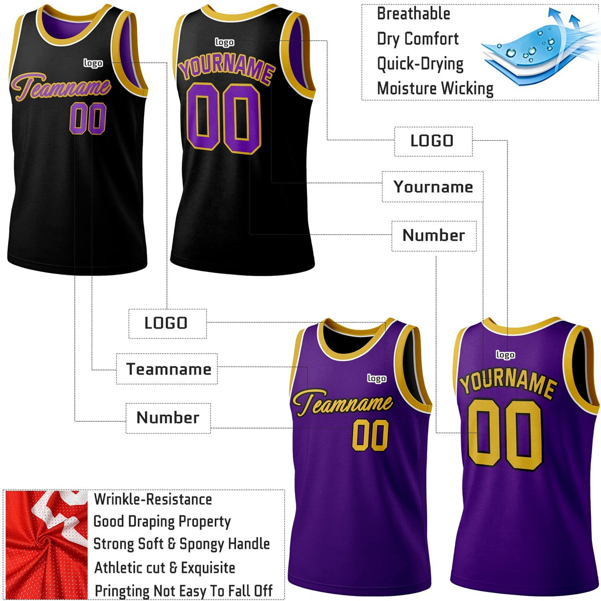 Custom Reversible Black & Purple Basketball Jersey | Personalized Team Jersey | Vosoli