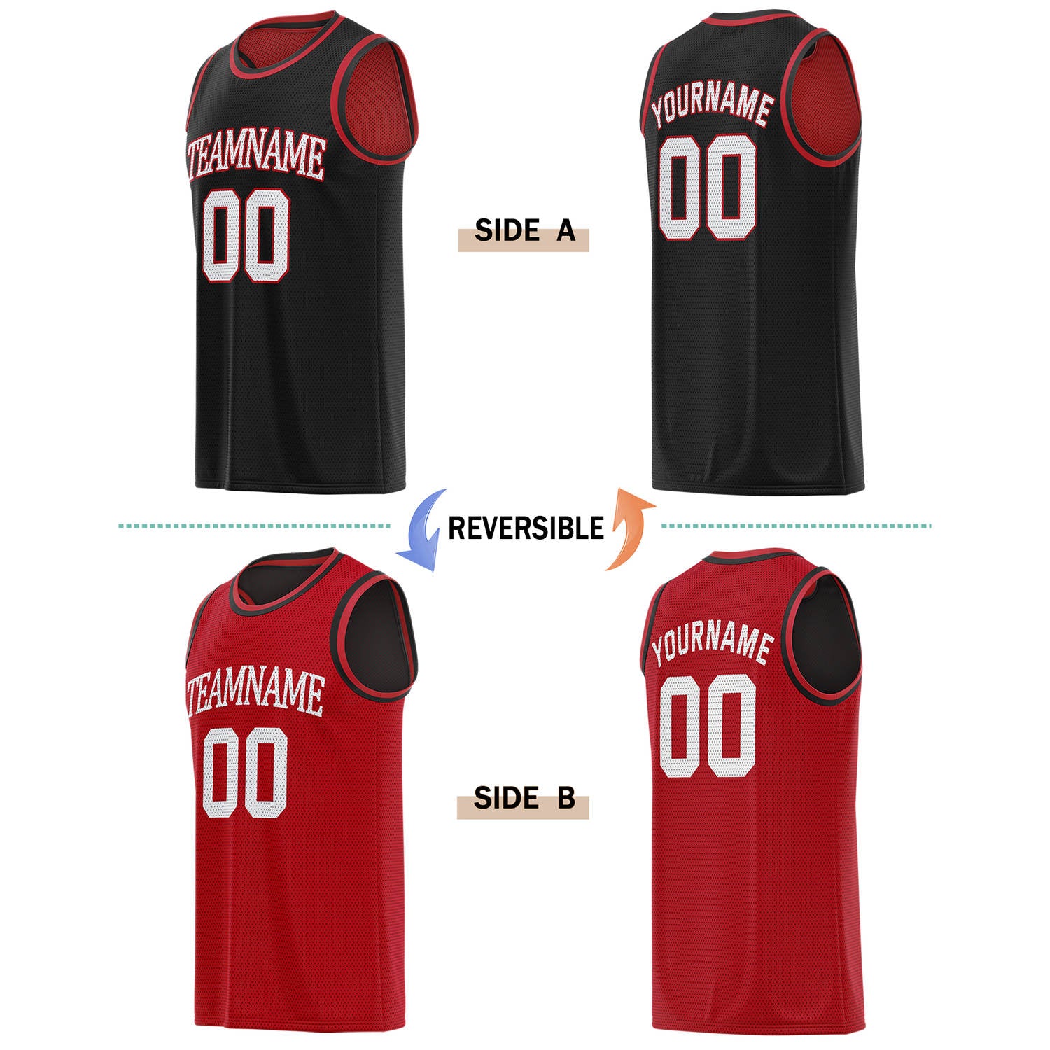 Custom Reversible Black & Red Basketball Jersey | Personalized for Team Sports - Vosoli