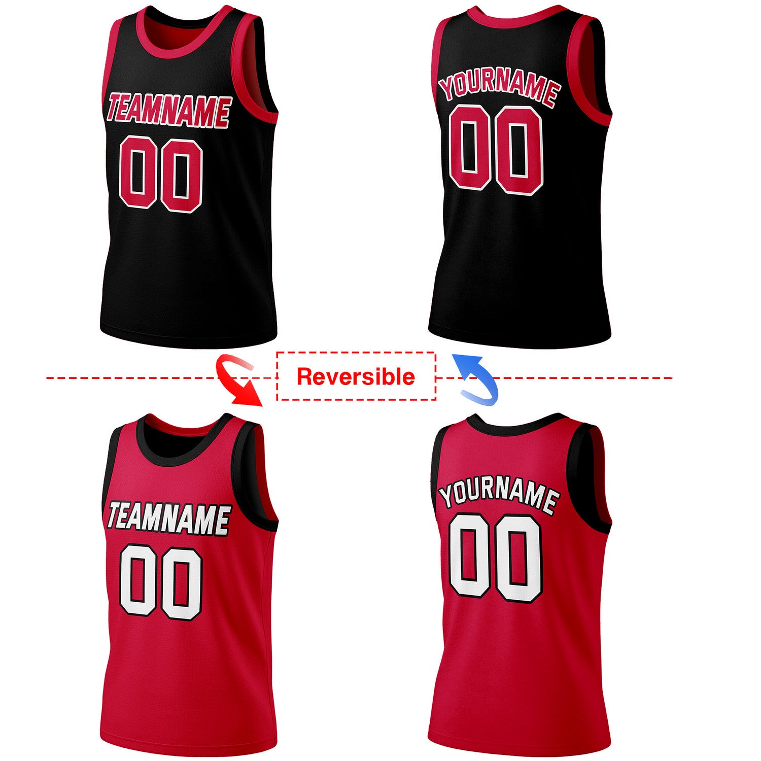 Custom reversible black & red basketball jersey, personalized team name number logo, breathable mesh fabric sports top for men women youth Adult game practice - Vosoli