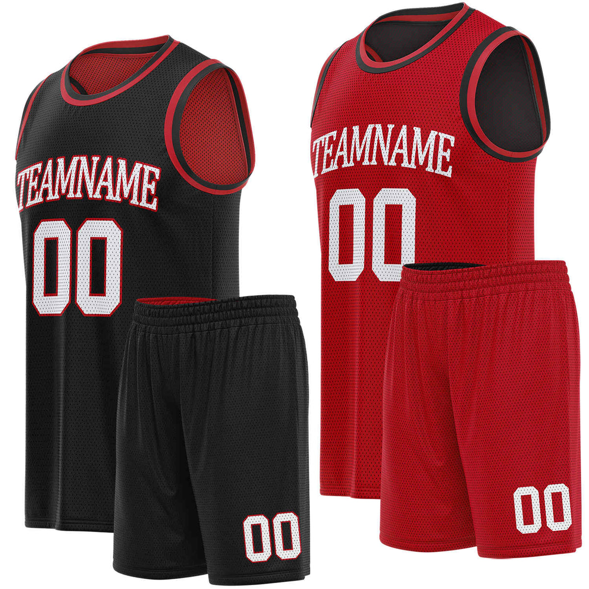 Custom reversible black &amp; red basketball uniform set, personalized team name number logo breathable mesh sports jersey and shorts for men women youth game practice - Vosoli