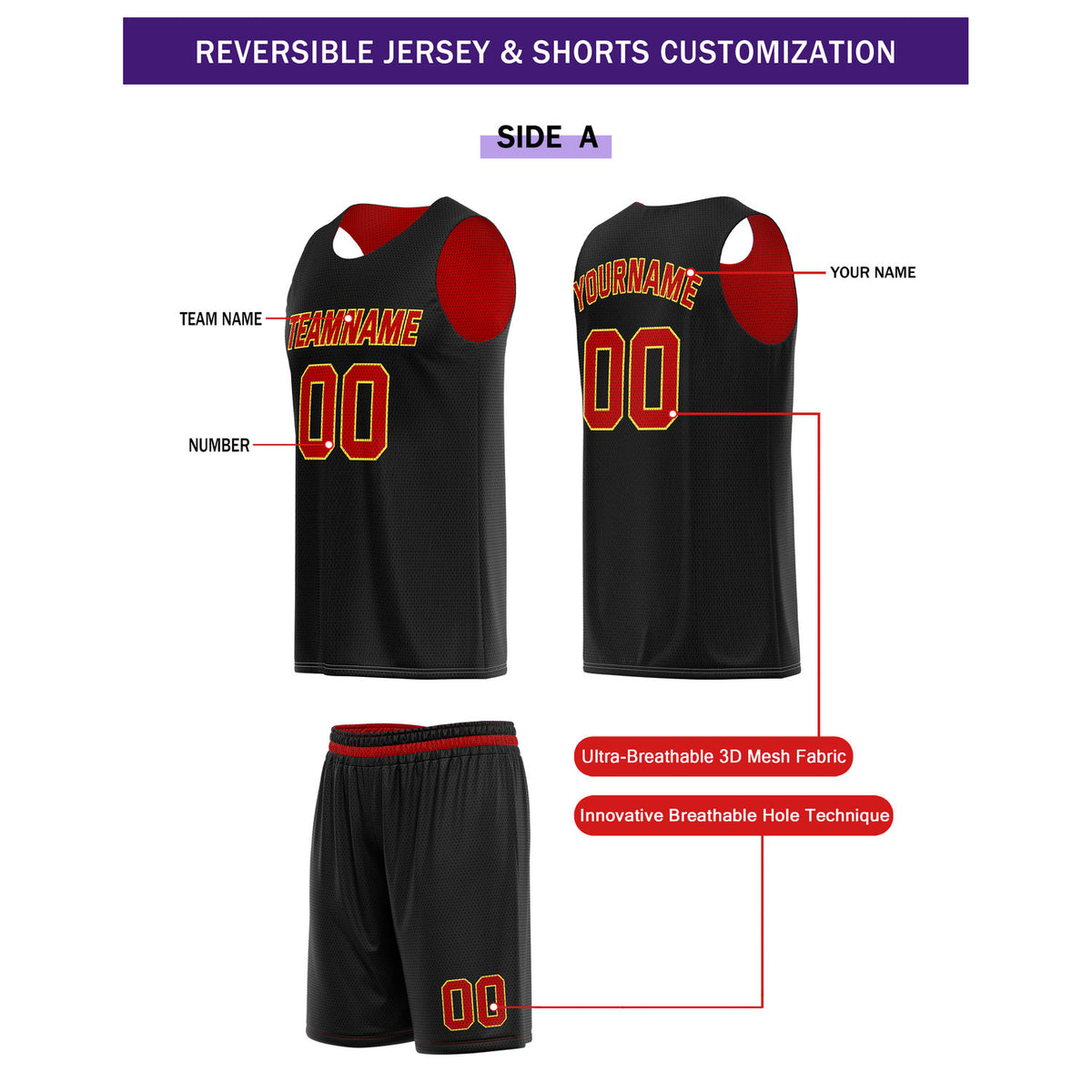 Custom Reversible Black Red Basketball Uniform Set | Jersey & Shorts - Vosoli