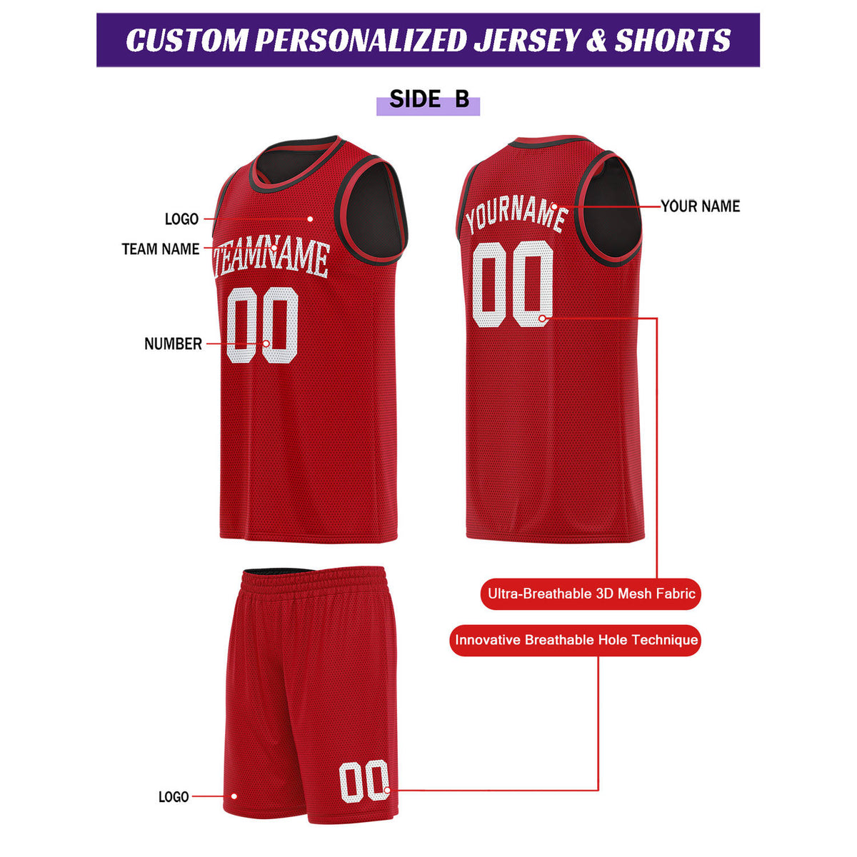 Custom Reversible Black & Red Basketball Uniform Set | Personalized for Team Sports Practice - Vosoli