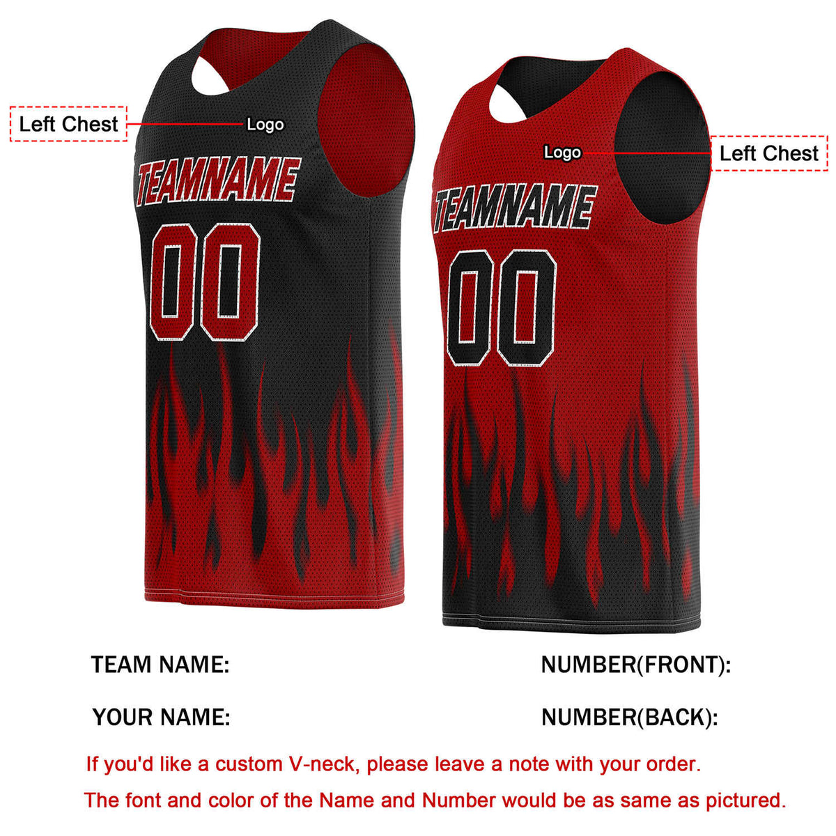 Custom Reversible Black Red Flame Basketball Jersey | Personalized Team Top - Vosoli