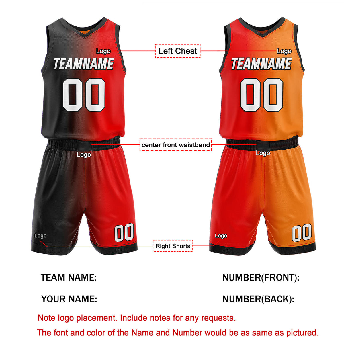 Custom Reversible Black Red Orange Basketball Uniform Set | Team & Player Name - Vosoli