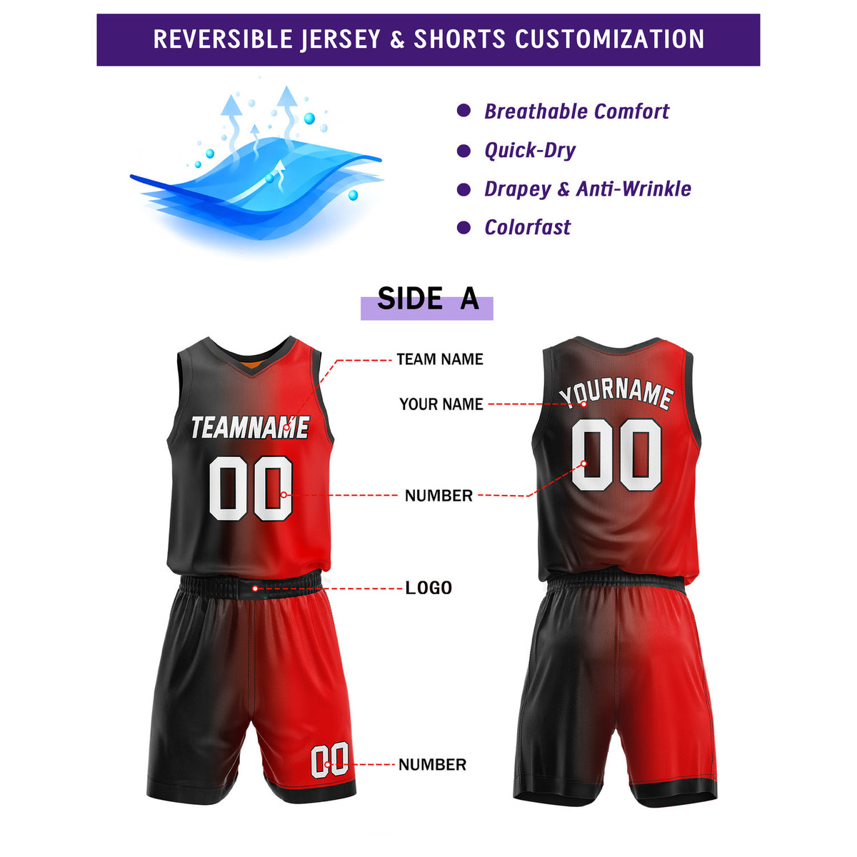 Custom Reversible Black Red Orange Basketball Uniform Set | Team & Player Name - Vosoli
