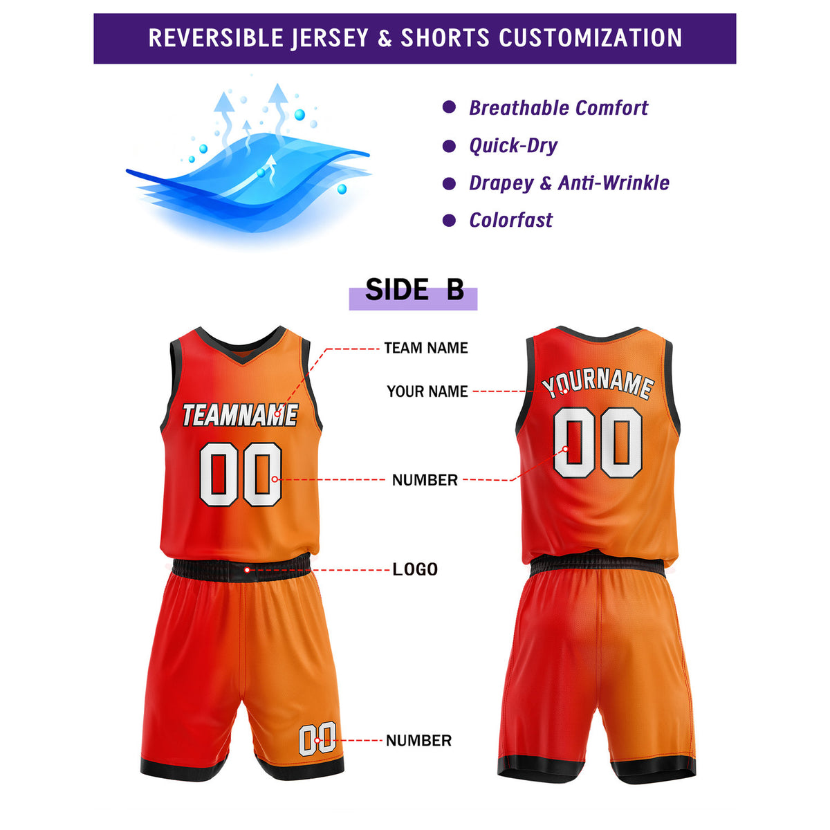 Custom Reversible Black Red Orange Basketball Uniform Set | Team & Player Name - Vosoli