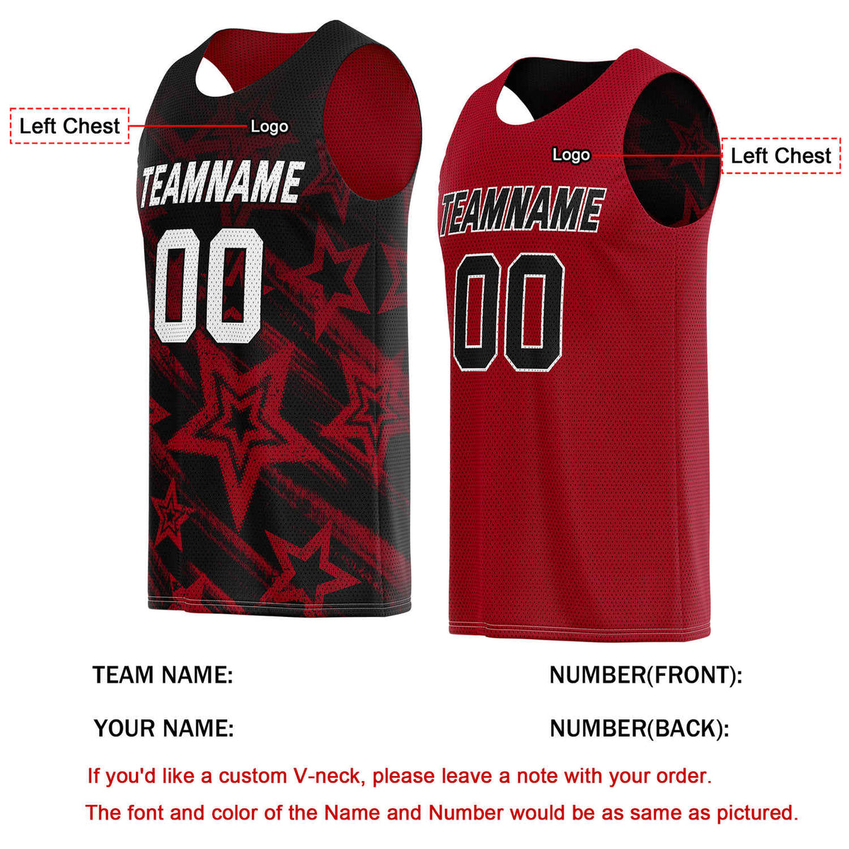Custom Reversible Black Red Star Basketball Jersey | Personalized Team Top - Vosoli
