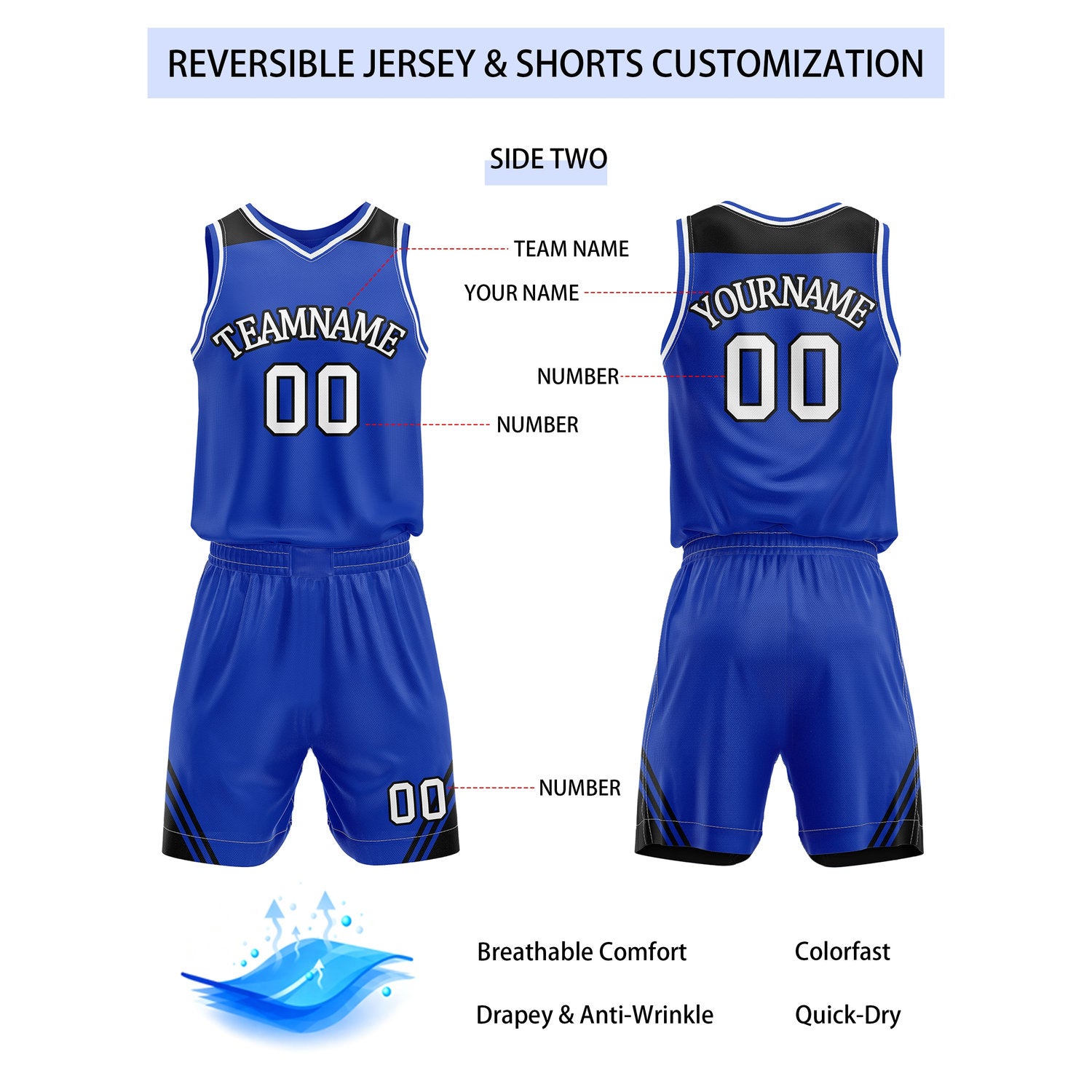 Custom Reversible Black Royal Blue Basketball Uniform Set | Team Name & Number - Vosoli