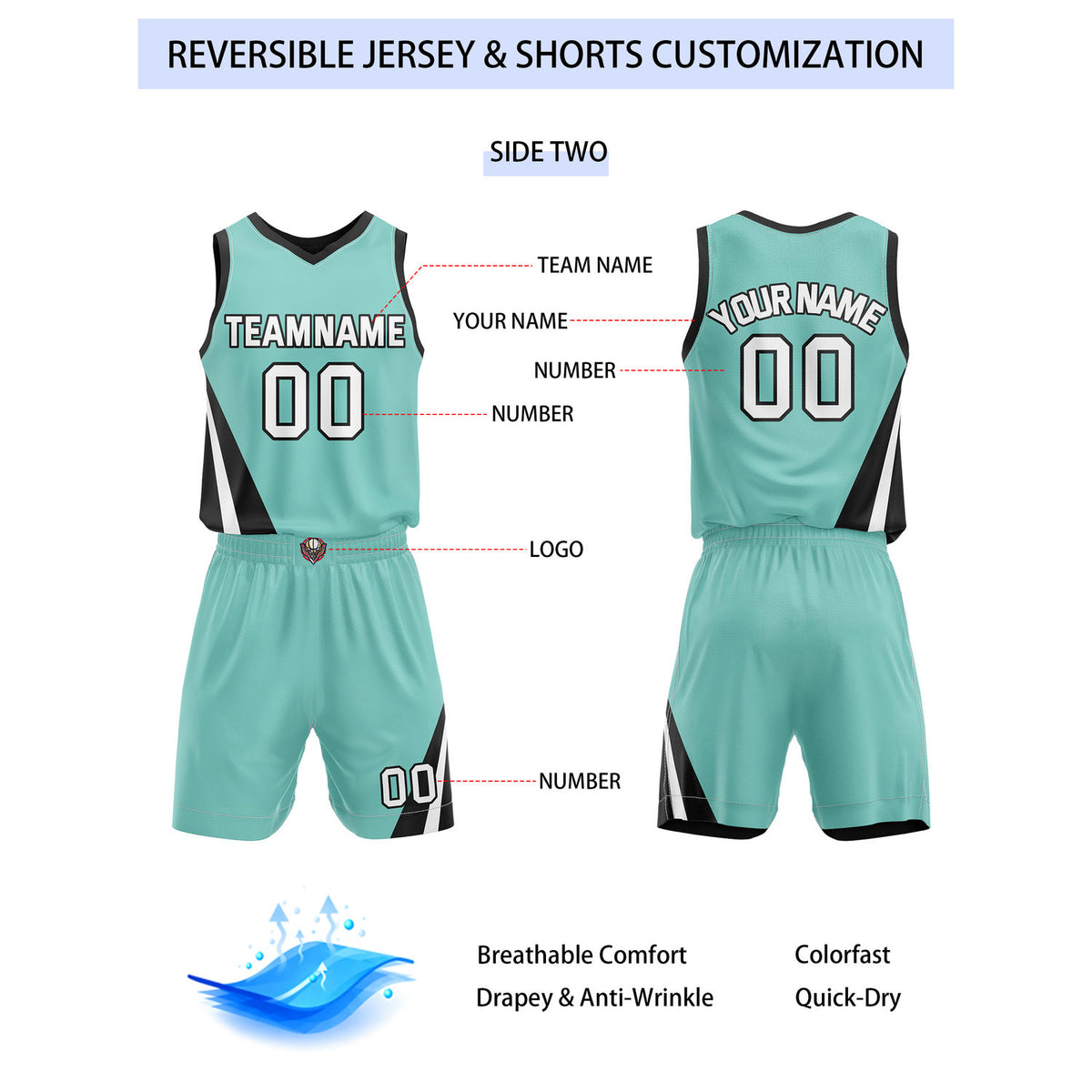 Custom Reversible Black Turquoise Basketball Uniform Set | Team & Player Name - Vosoli