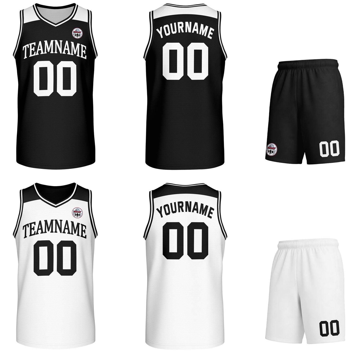 Custom reversible black & white basketball uniform set, personalized with team name number and logo, breathable mesh fabric for men women youth game practice - Vosoli