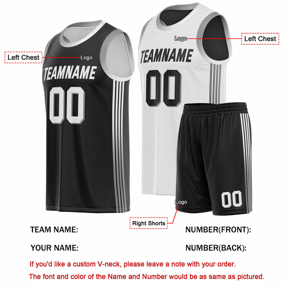 Custom Reversible Black White Basketball Uniform Set | Team & Player Name - Vosoli