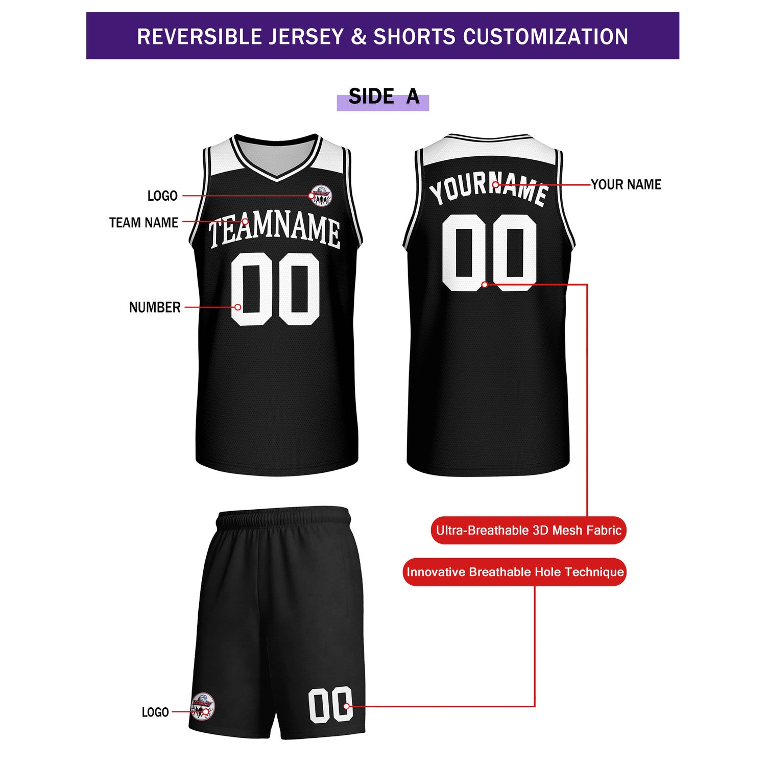 Custom Reversible Black White Basketball Uniform Set | Team Name & Number - Vosoli