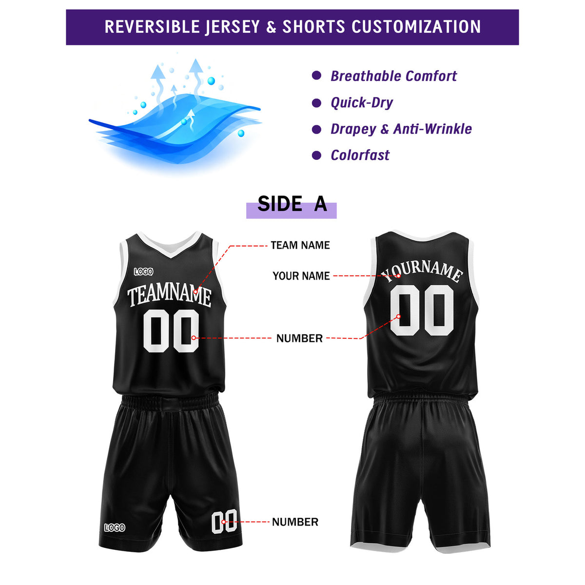 Custom Reversible Black White Basketball Uniform Set | Team Name & Number - Vosoli