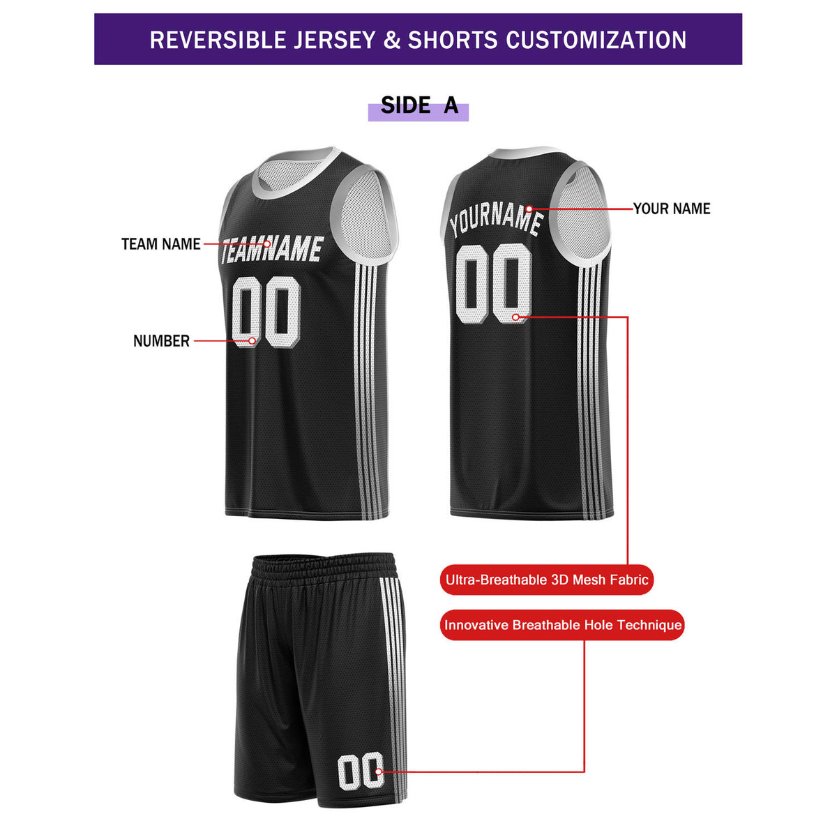 Custom Reversible Black White Basketball Uniform Set | Team & Player Name - Vosoli