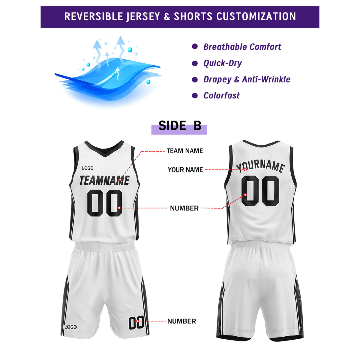 Custom Reversible Black White Basketball Uniform Set | Personalized Name & Number - Vosoli
