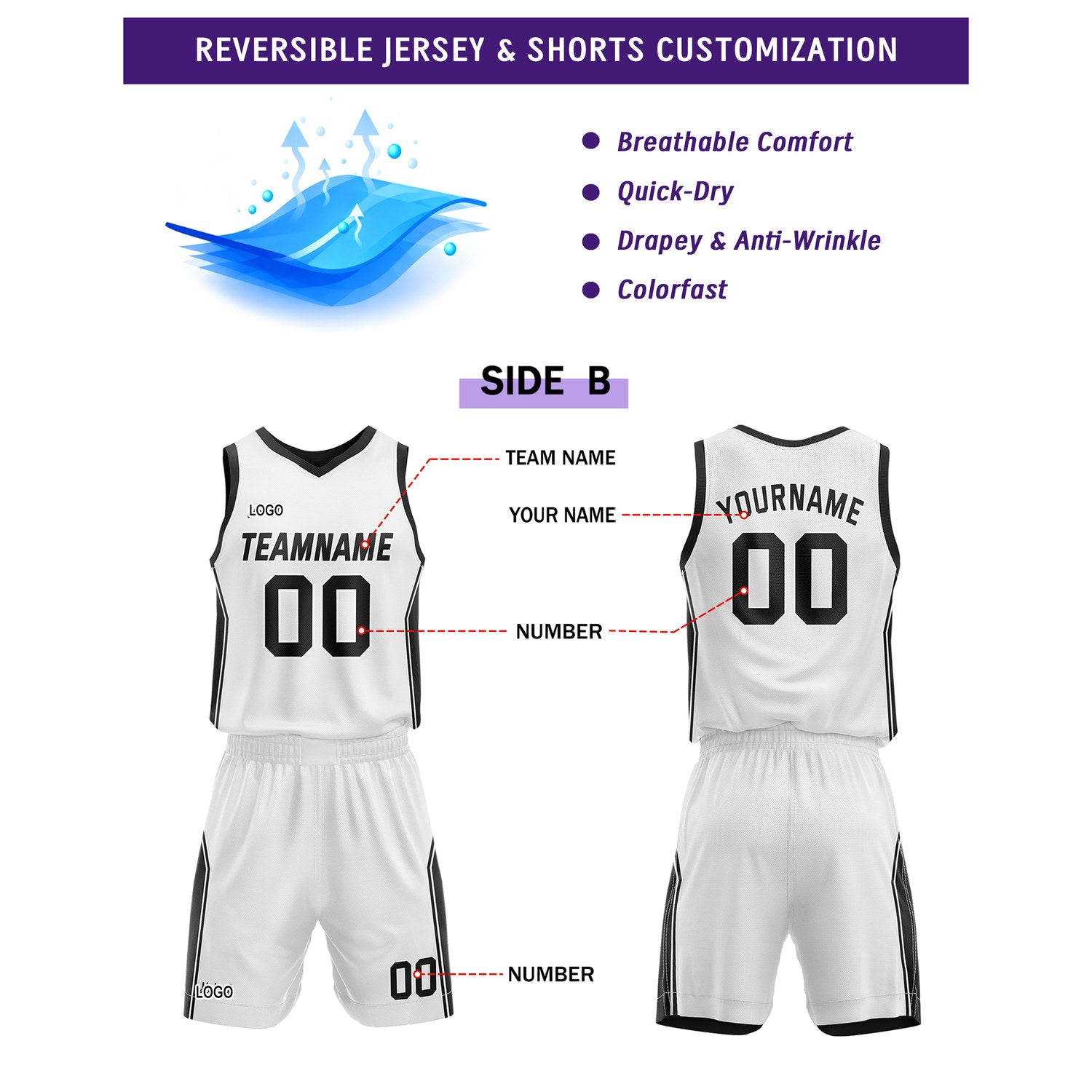 Custom Reversible Black White Basketball Uniform Set | Personalized Name & Number - Vosoli