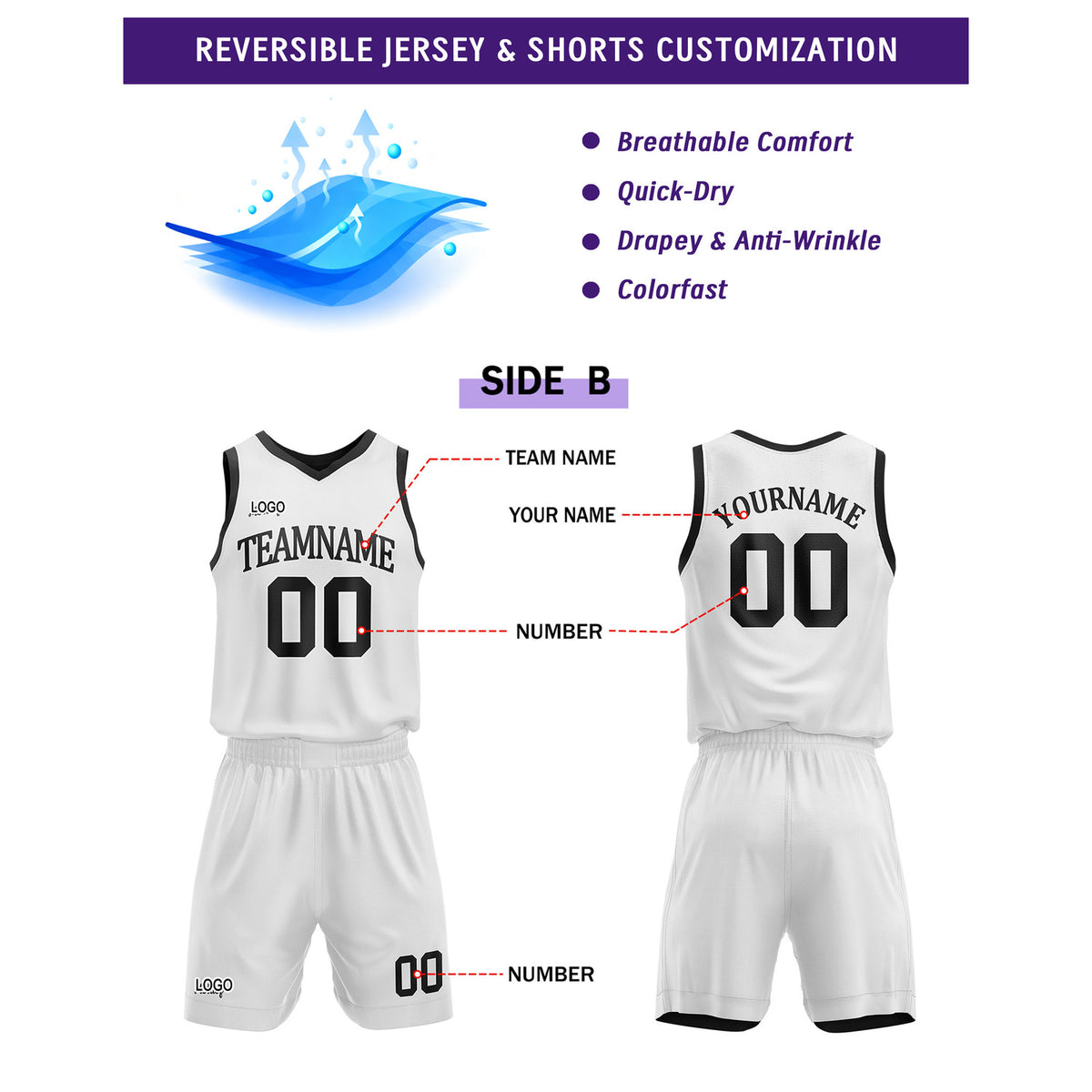Custom Reversible Black White Basketball Uniform Set | Team Name & Number - Vosoli