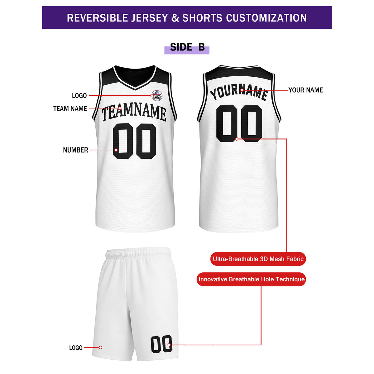 Custom Reversible Black White Basketball Uniform Set | Team Name & Number - Vosoli