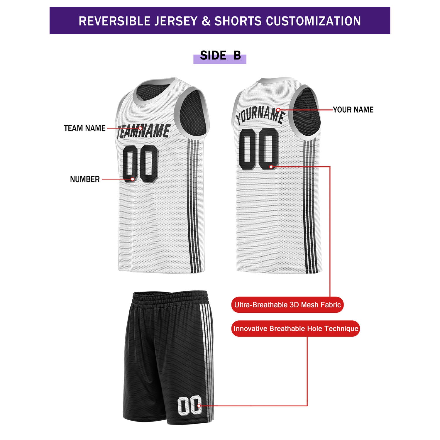 Custom Reversible Black White Basketball Uniform Set | Team & Player Name - Vosoli