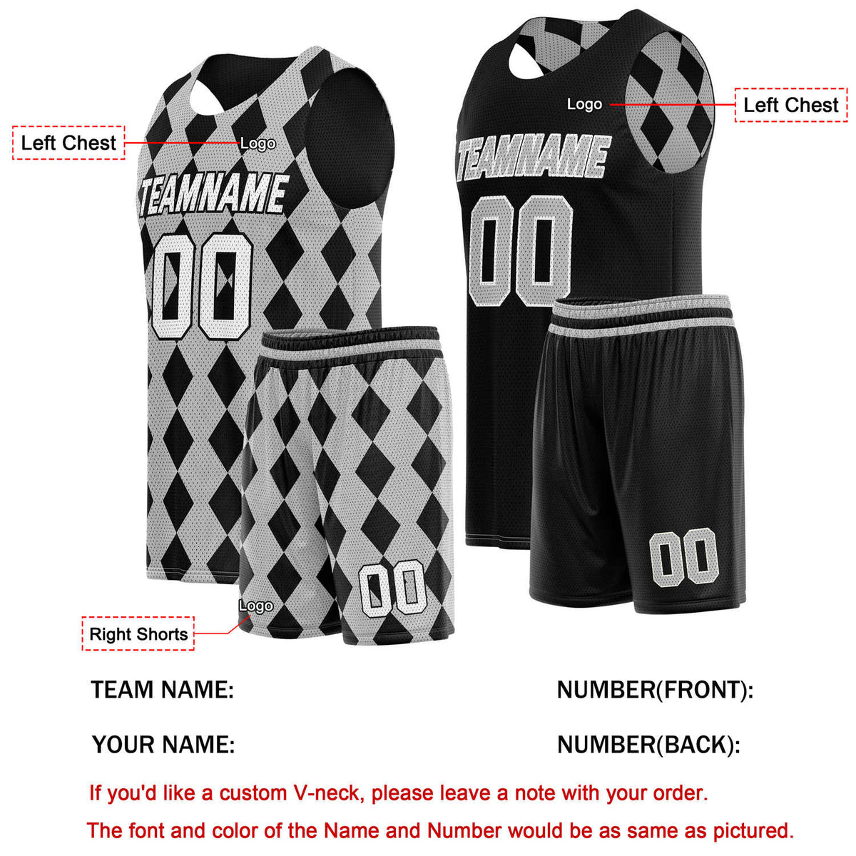 Custom Reversible Basketball Jersey + Shorts Set (Black & White) - Personalized Team Name, Number & LOGO | Vosoli