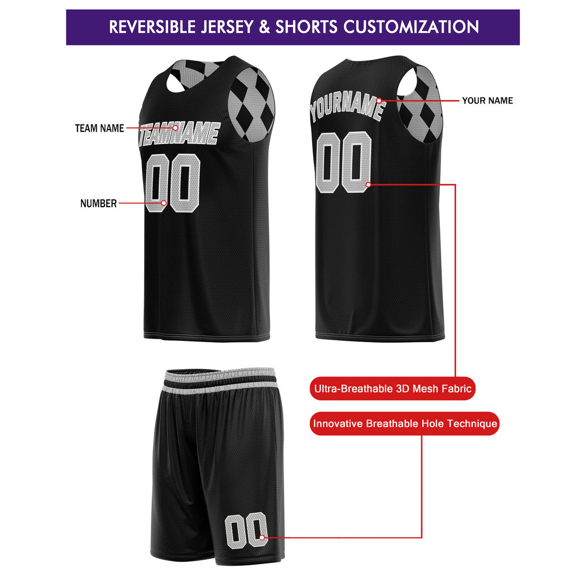 Custom Reversible Basketball Jersey + Shorts Set (Black & White) - Personalized Team Name, Number & LOGO | Vosoli