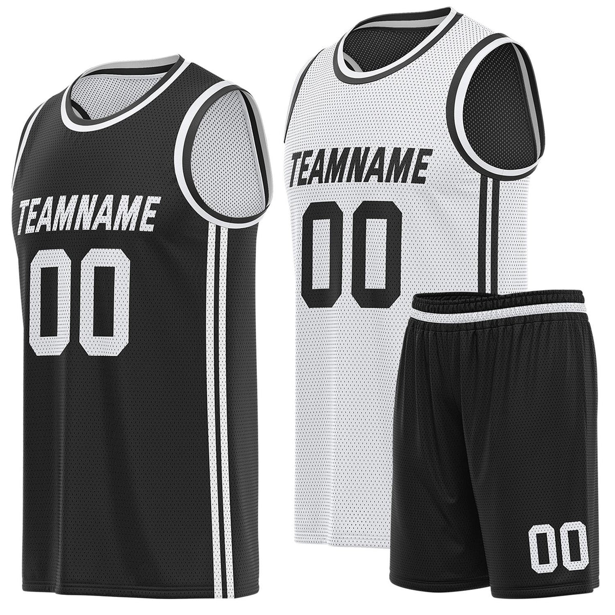 Custom reversible black &amp; white basketball uniform (jersey + shorts), personalized team name number logo breathable mesh sports set for men women youth game practice - Vosoli