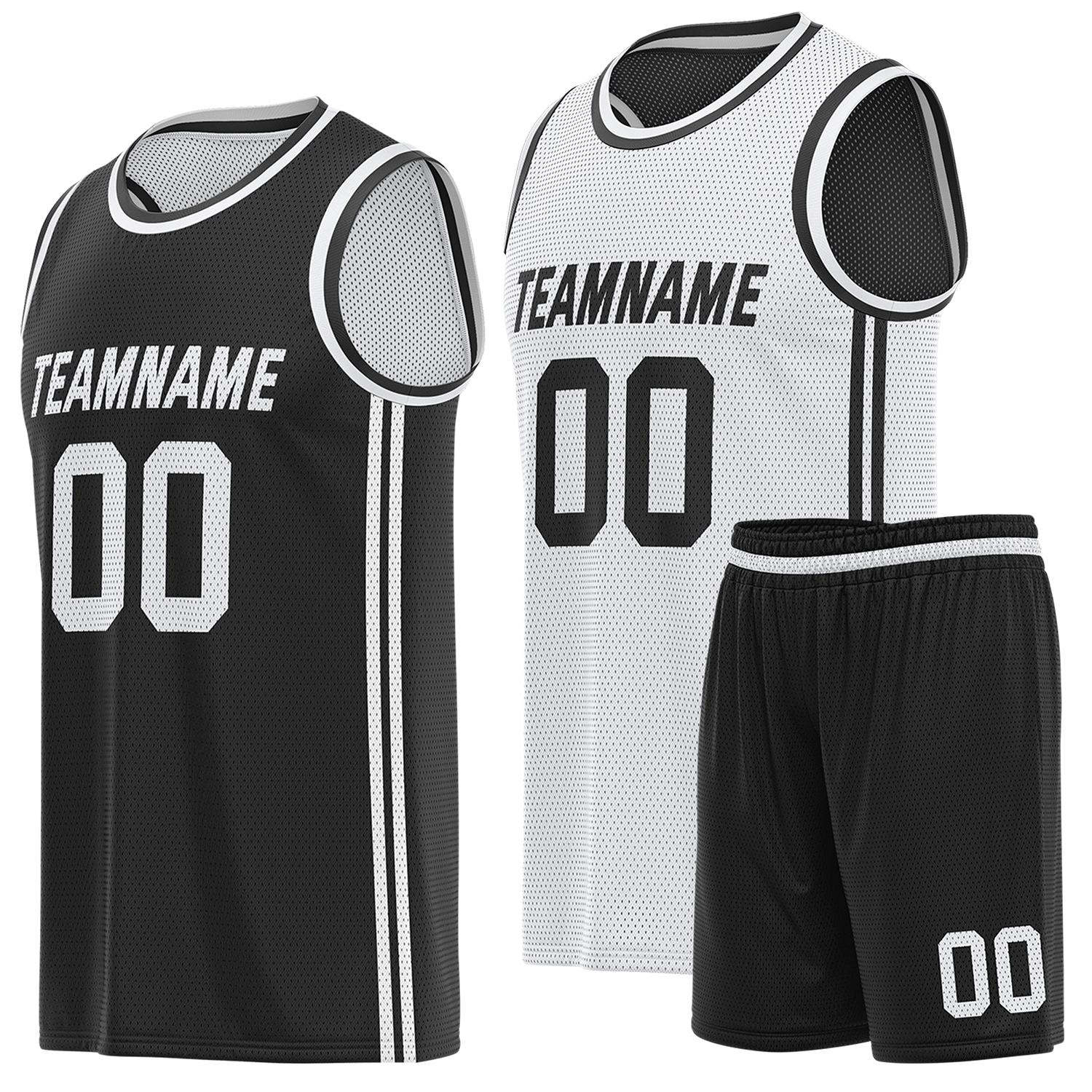 Custom reversible black & white basketball uniform (jersey + shorts), personalized team name number logo breathable mesh sports set for men women youth game practice - Vosoli