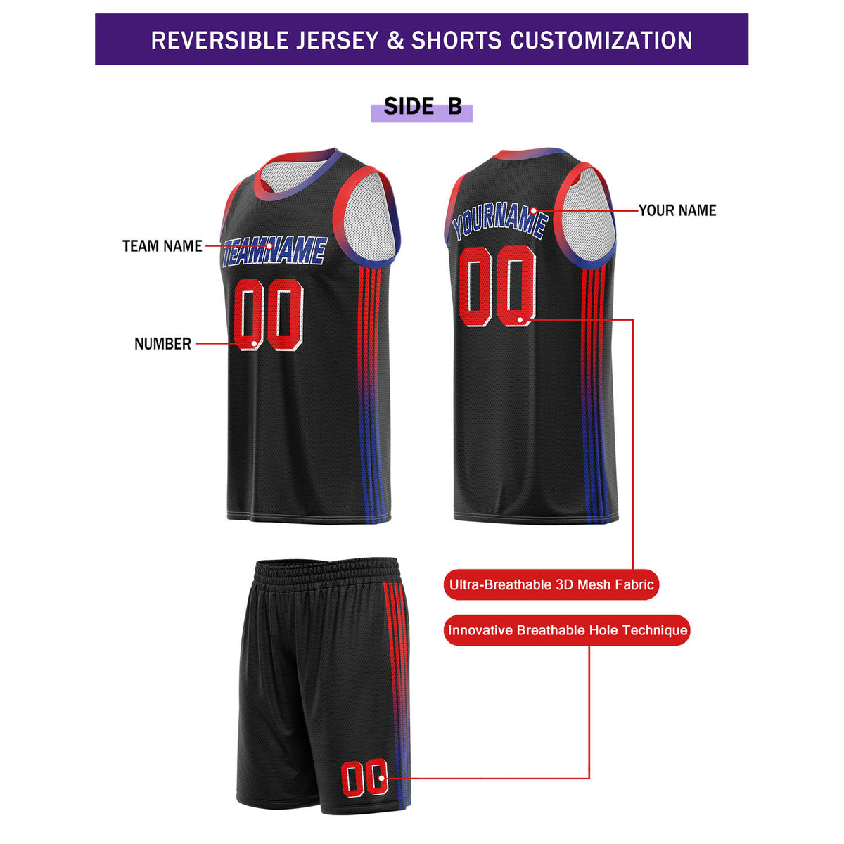 Custom Reversible Black White Blue Basketball Uniform Set | Team & Player Name - Vosoli