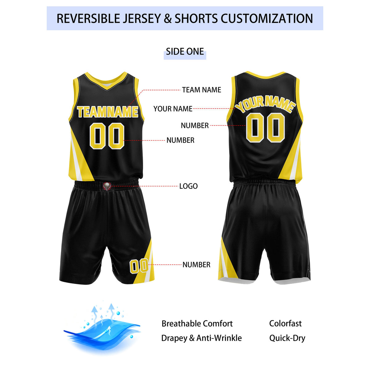 Custom Reversible Black White Gold Basketball Uniform Set | Team & Player Name - Vosoli
