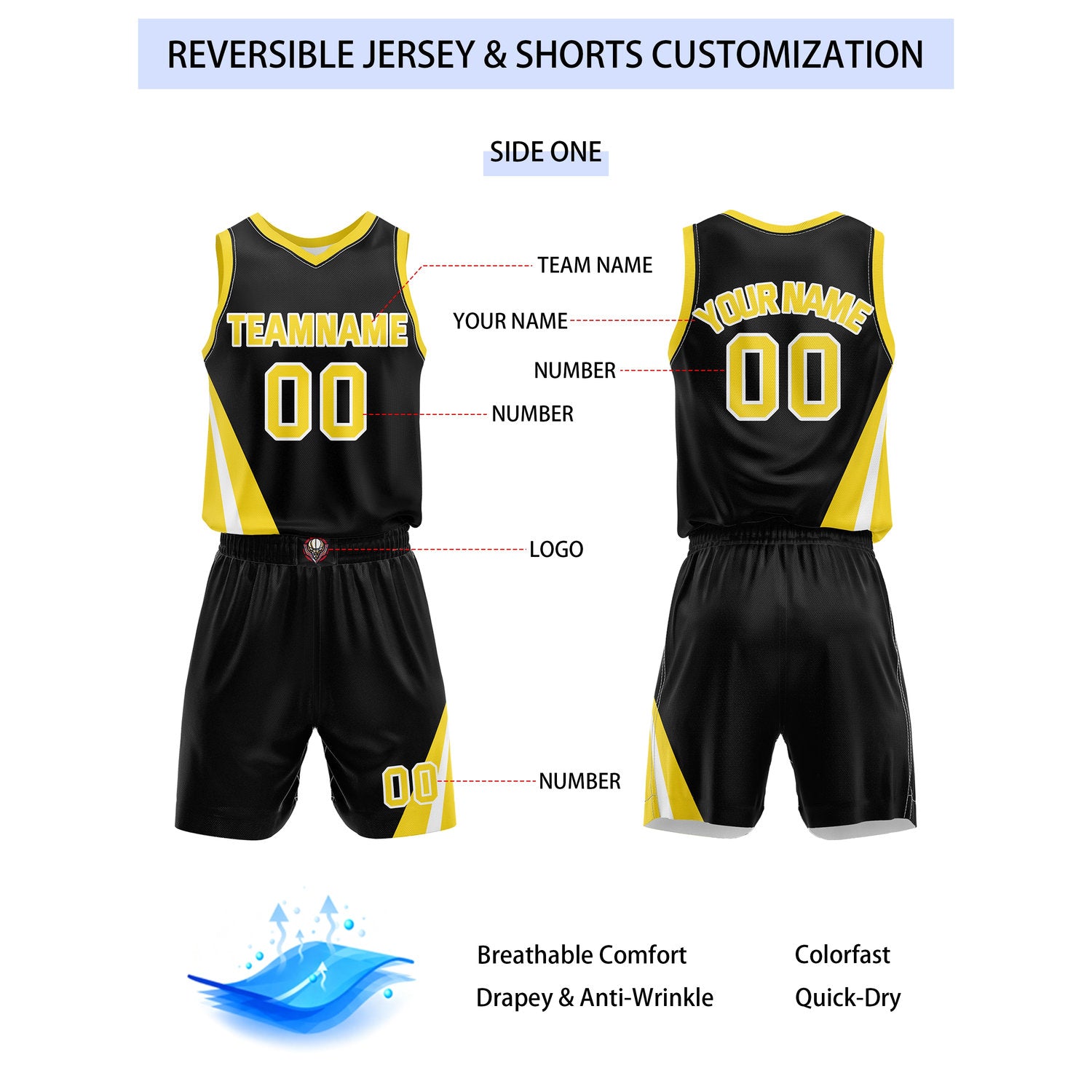 Custom Reversible Black White Gold Basketball Uniform Set | Team & Player Name - Vosoli
