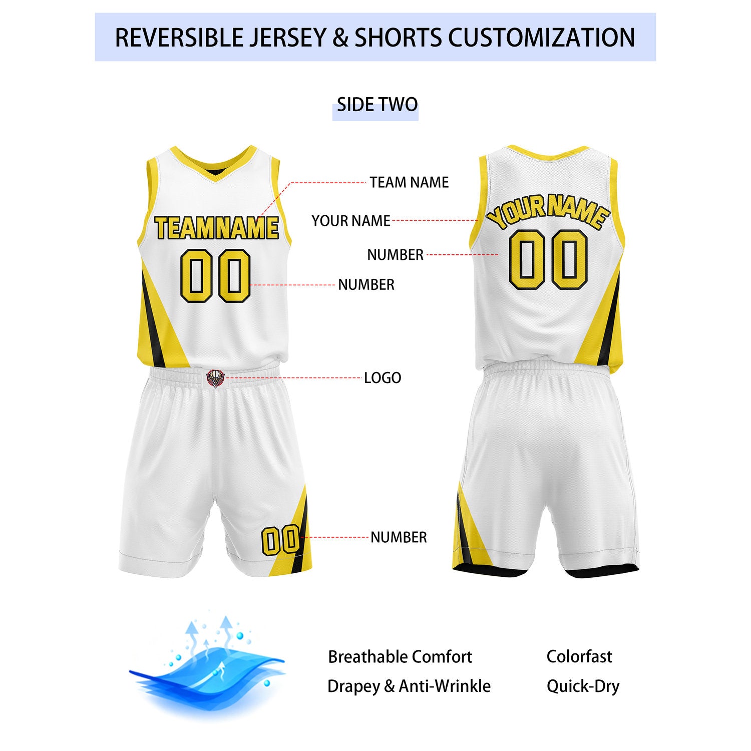 Custom Reversible Black White Gold Basketball Uniform Set | Team & Player Name - Vosoli