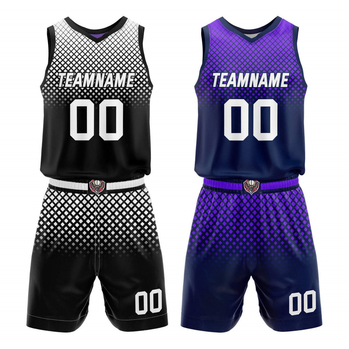 Custom Reversible Basketball Jersey + Shorts Set (Black-White &amp; Purple-Navy Gradient Diamond) - Personalized Team Name, Number &amp; LOGO | Vosoli