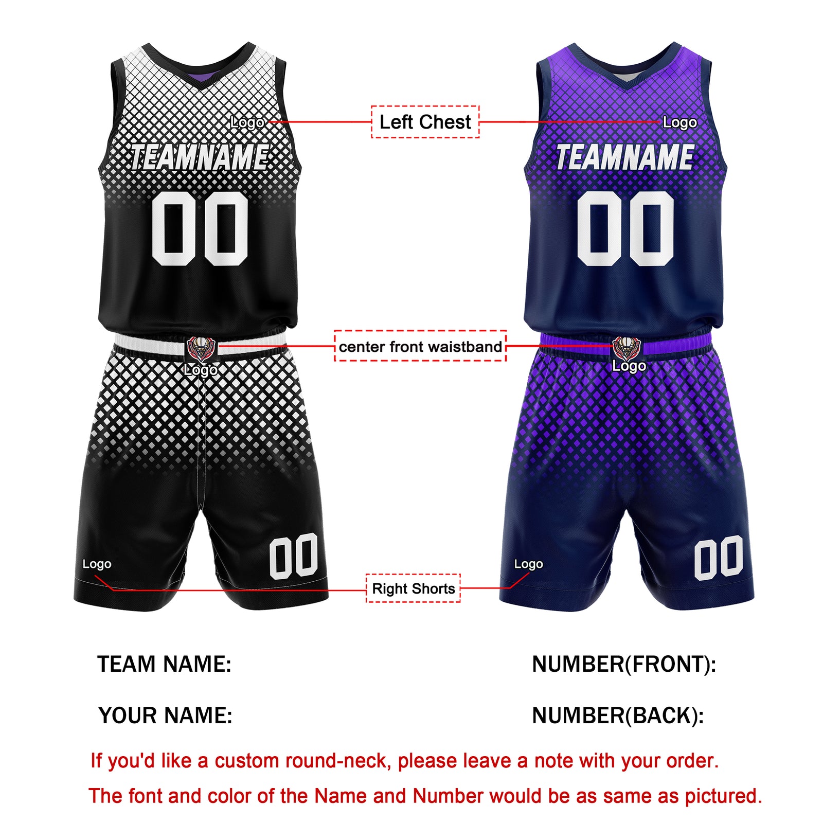 Custom Reversible Basketball Jersey + Shorts Set (Black-White & Purple-Navy Gradient Diamond) - Personalized Team Name, Number & LOGO | Vosoli