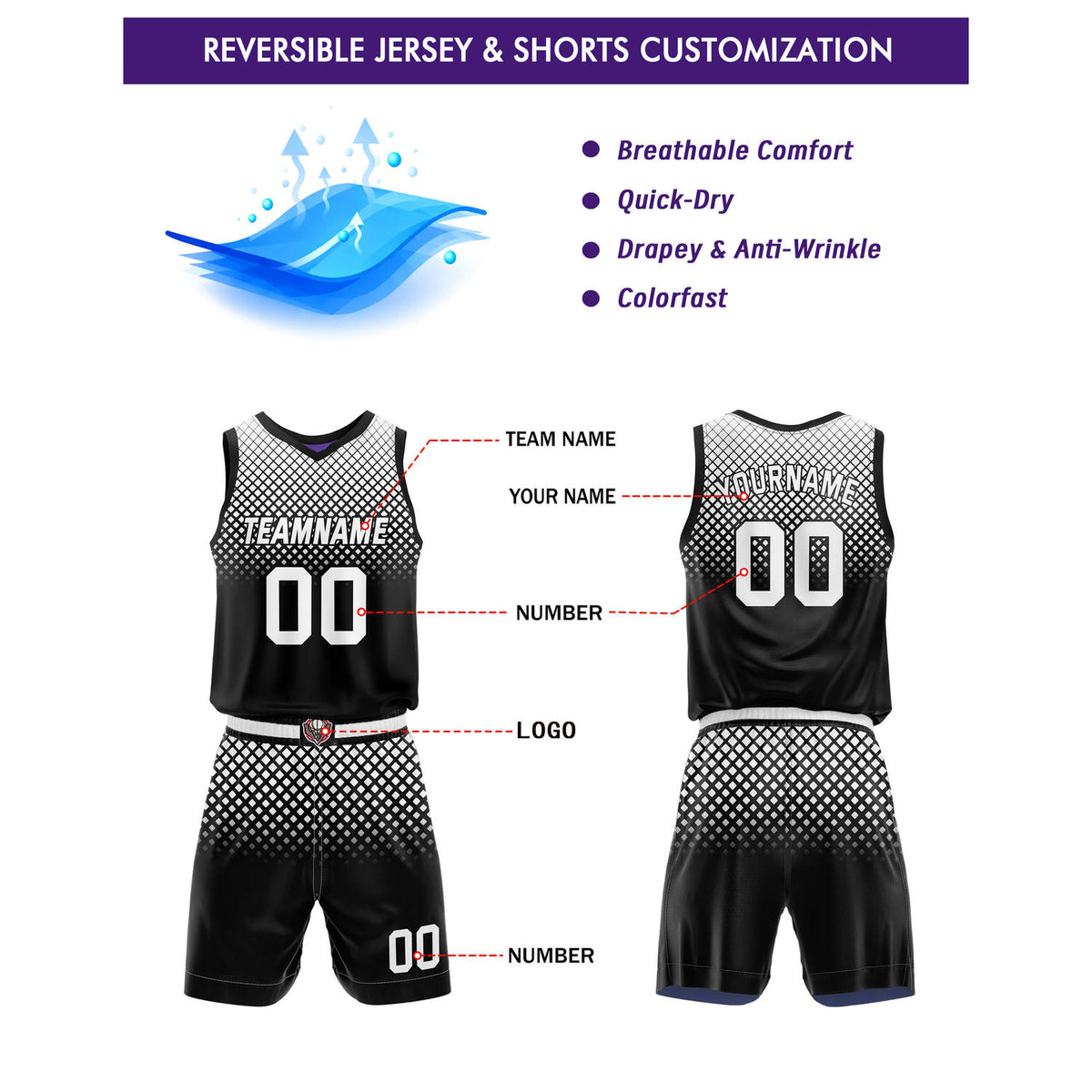 Custom Reversible Basketball Jersey + Shorts Set (Black-White & Purple-Navy Gradient Diamond) - Personalized Team Name, Number & LOGO | Vosoli